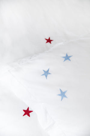 Red and Pale Blue Star Motif, Hand Embroidered Cotton Bed Linen