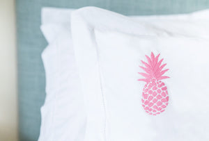 Pink Pineapples Motif Hand Embroidered Cotton Pillowcase