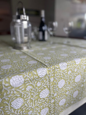 Block printed tablecloths chartreuse green floral 150x225