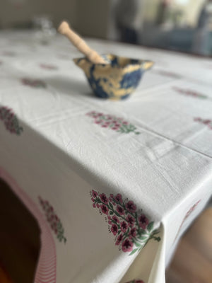 Block printed tablecloth pink flowers on cream background