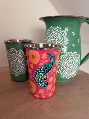 Hand painted peacock enamelware tumbler