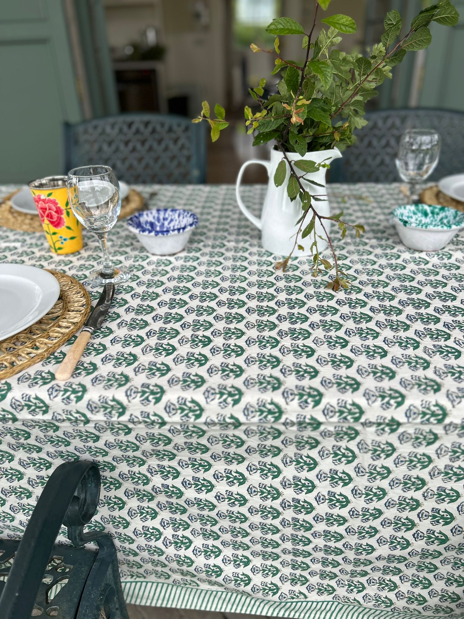 Block Printed tablecloths green and blue floral