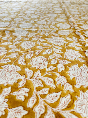 Block printed tablecloth cinnamon floral print