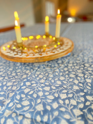 Block printed tablecloth mid blue flowers 150x225