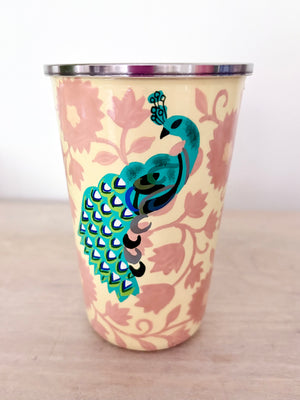 Hand painted peacock enamelware tumbler