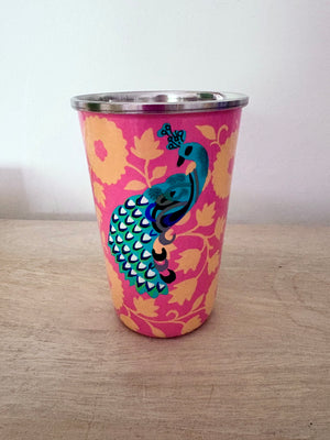 Hand painted peacock enamelware tumbler