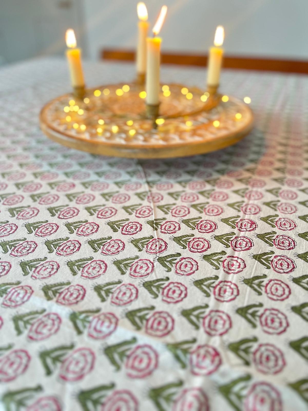 Block printed tablecloths pansy design
