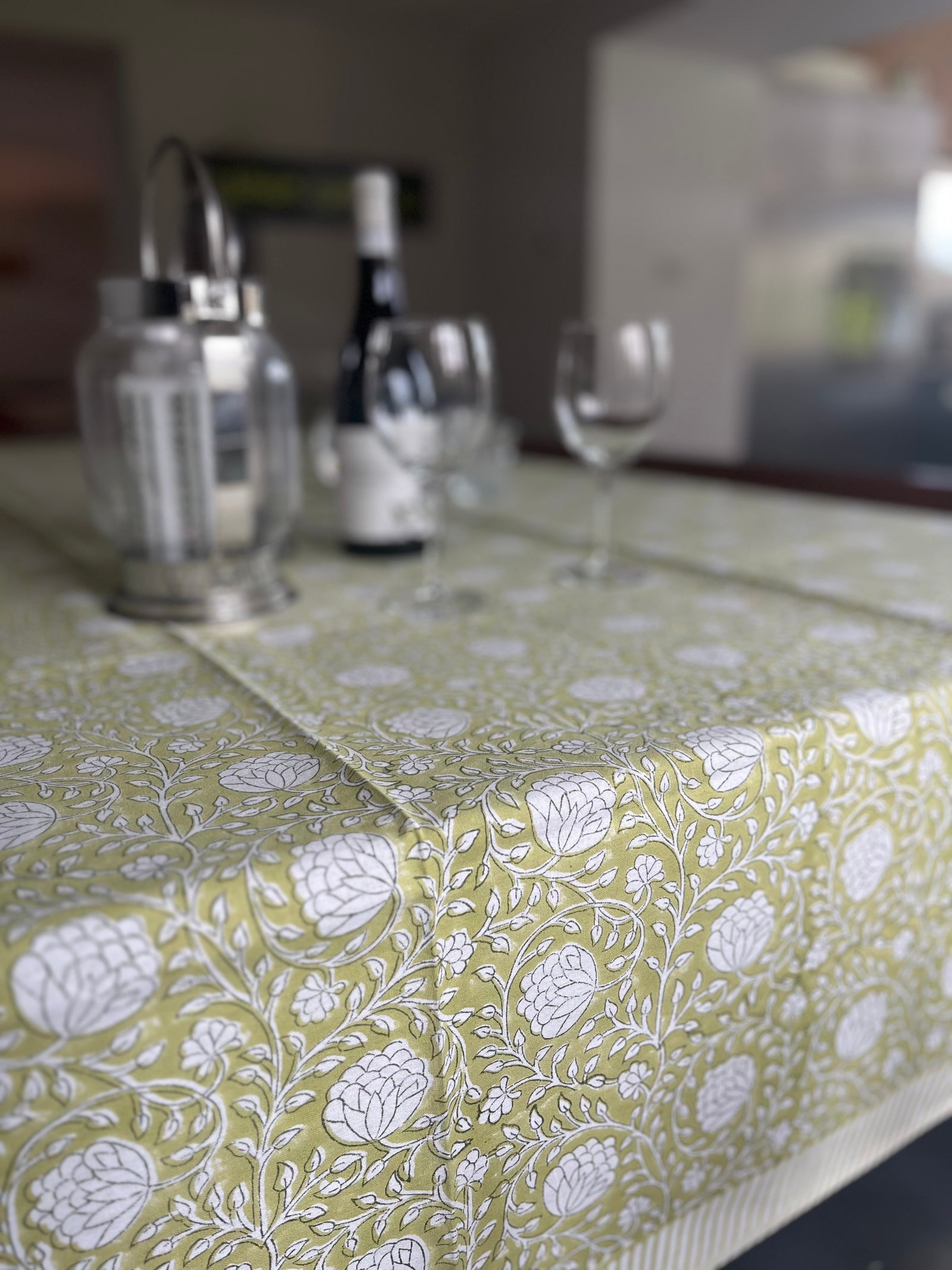Block printed tablecloths chartreuse green floral