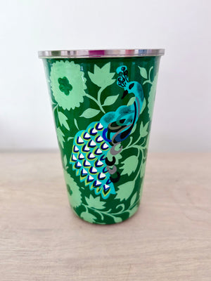 Hand painted peacock enamelware tumbler
