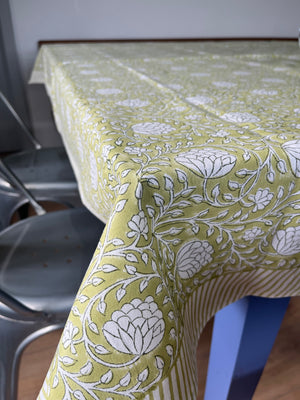 Block printed tablecloths chartreuse green floral 150x225