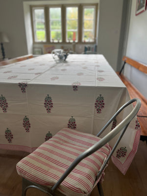 Block printed tablecloth pink flowers on cream background