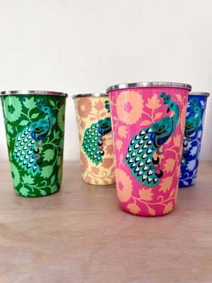 Hand painted peacock enamelware tumbler
