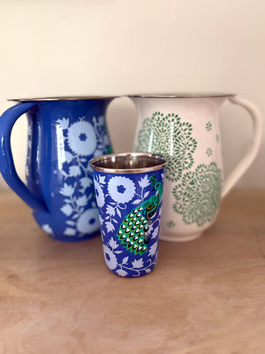 Hand painted peacock enamelware tumbler