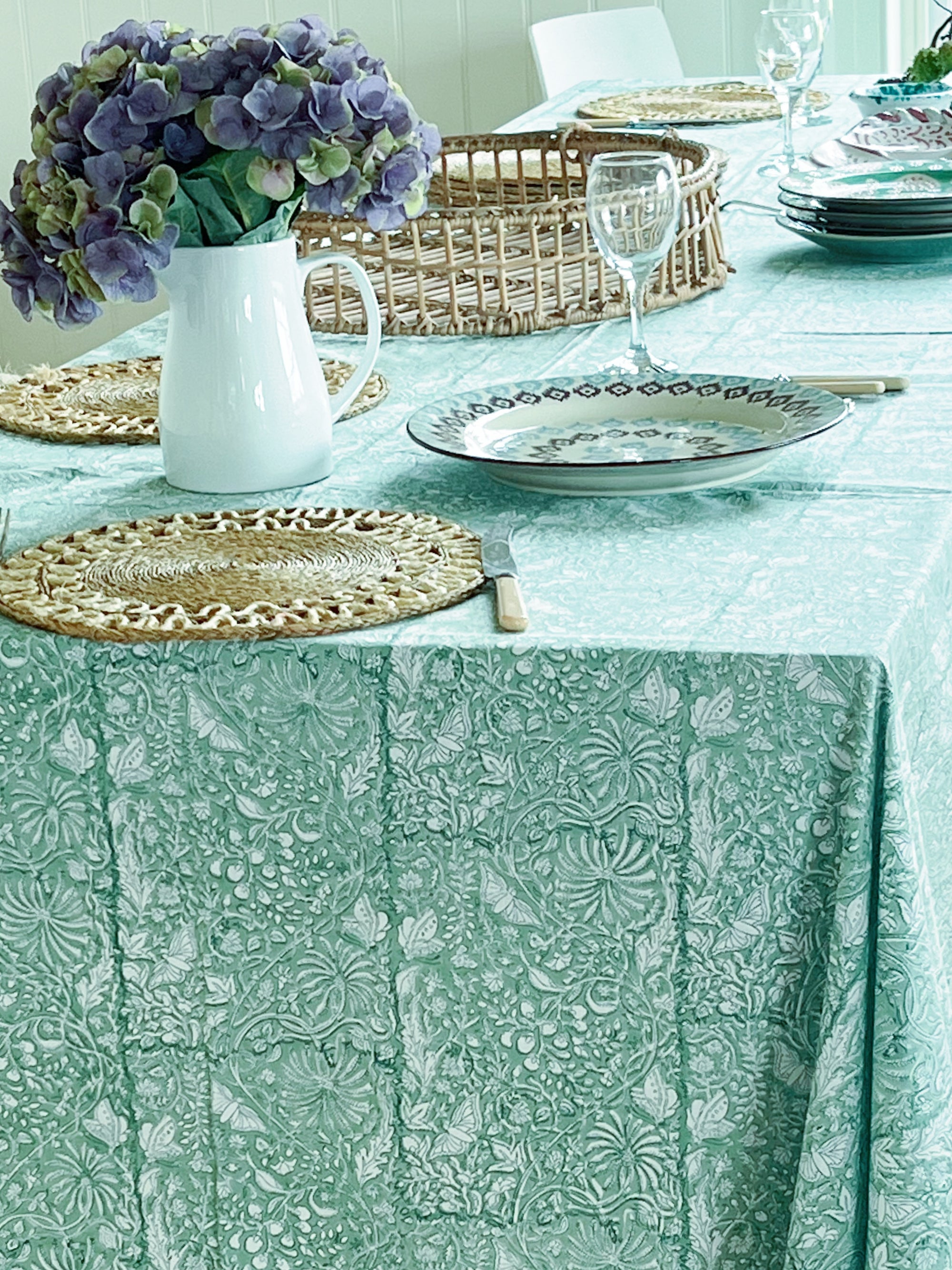 Block printed tablecloths Sage jungle