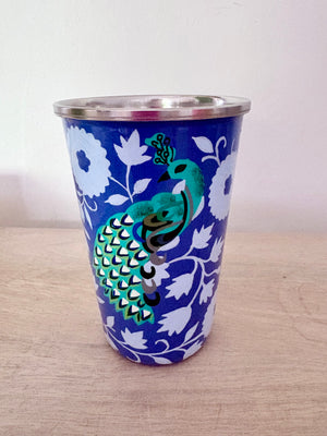 Hand painted peacock enamelware tumbler