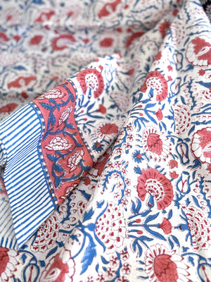 Hand block printed tablecloth floral blue and burnt orange