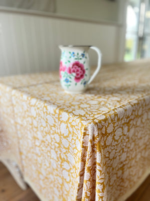 Block printed tablecloth cinnamon floral print