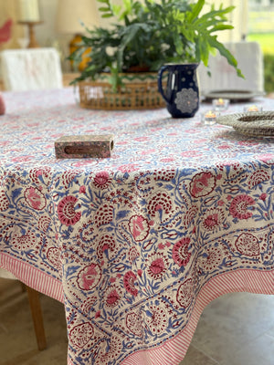 Hand block printed tablecloths blue floral with pinks and burgundy
