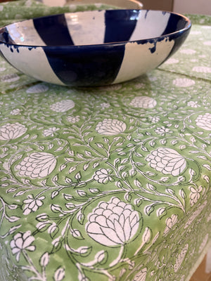 Block Printed Tablecloths, Apple Green Floral 180x270cm