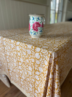 Block printed tablecloth cinnamon floral print