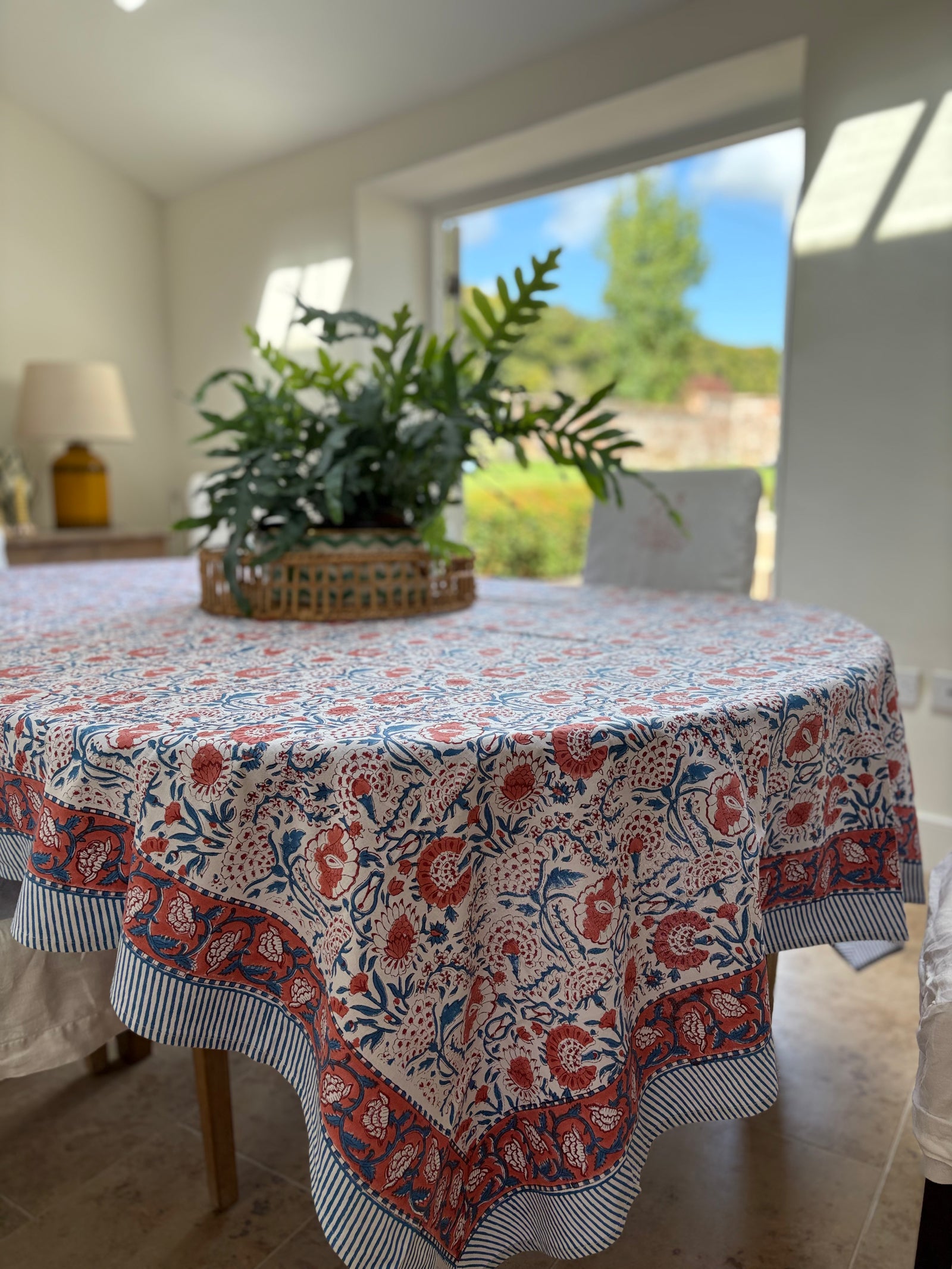 Hand block printed tablecloth floral blue and burnt orange