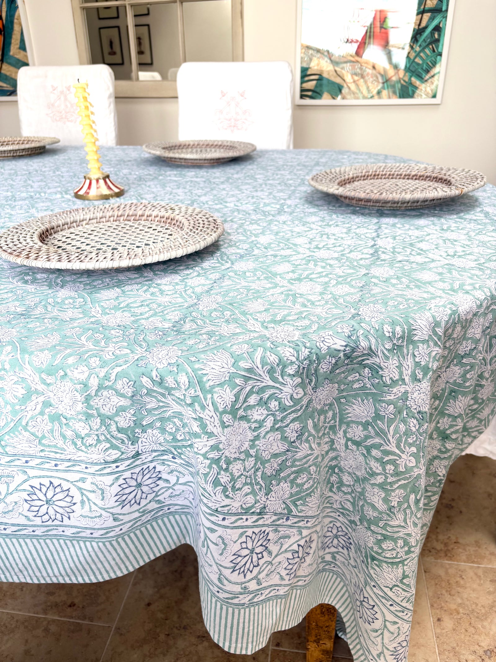 Block printed Tablecloths,  sea green floral