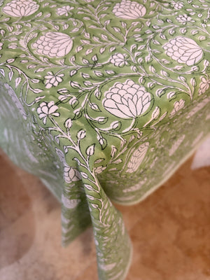Block Printed Tablecloths, Apple Green Floral 180x270cm