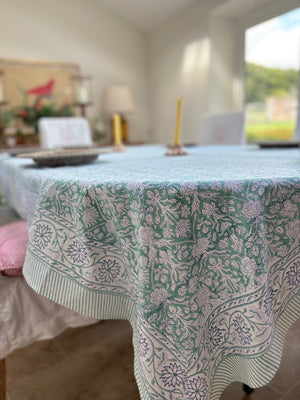 Block printed Tablecloths,  sea green floral