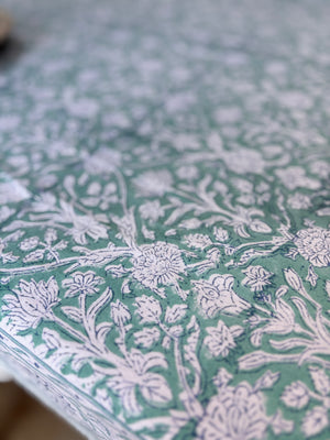 Block printed Tablecloths,  sea green floral