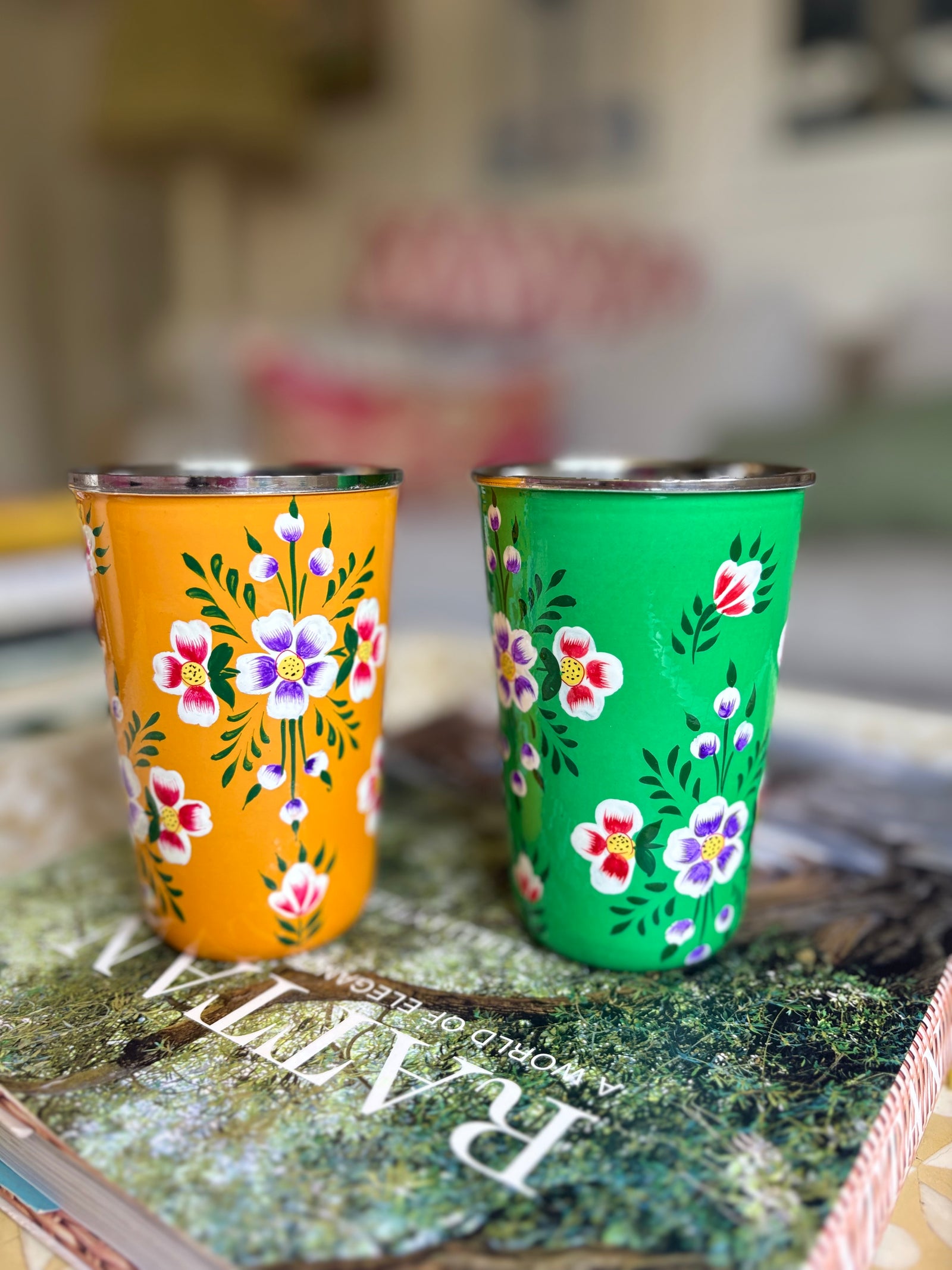 Hand painted enamelware tumblers, small flower design