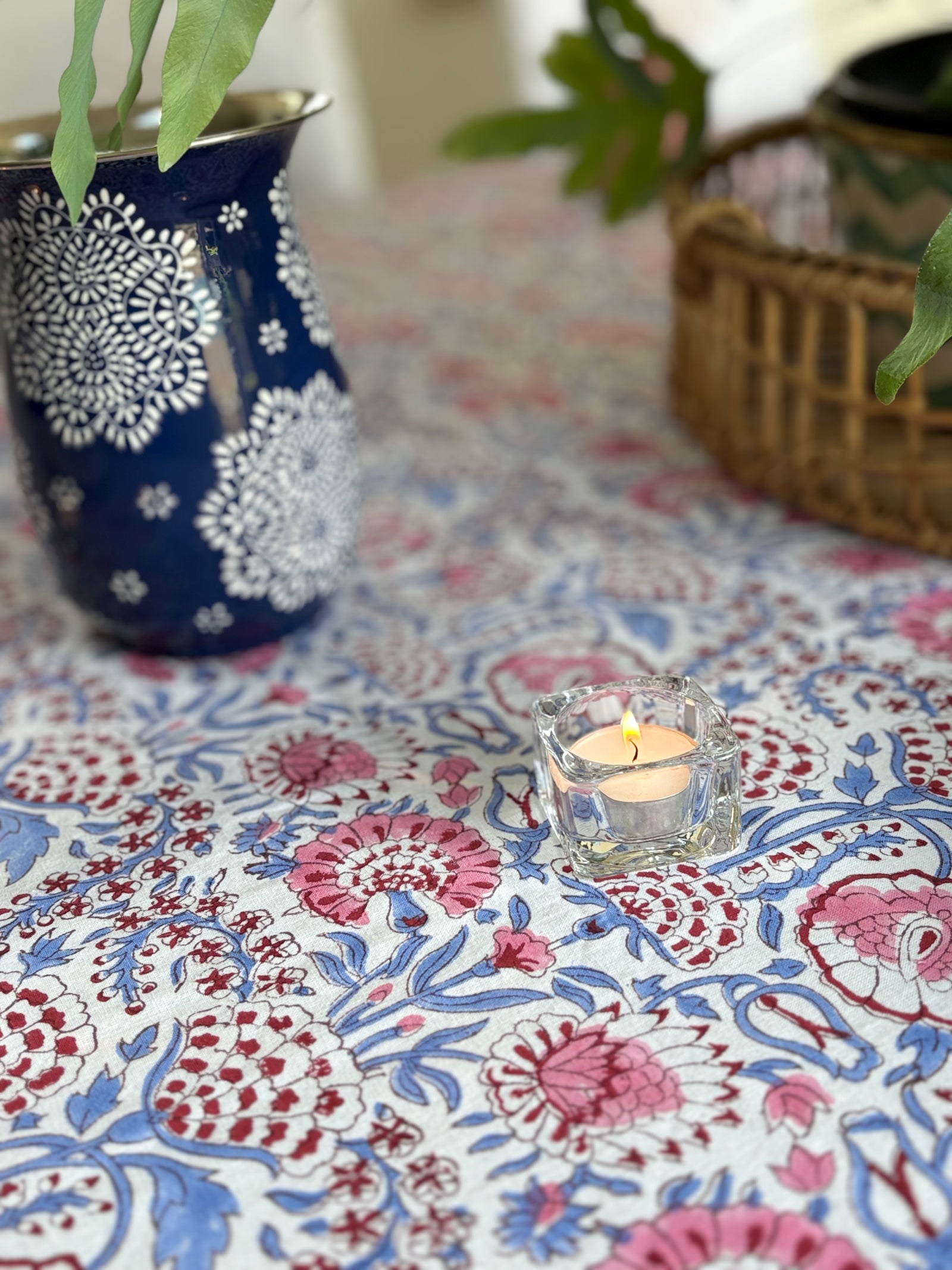 Hand block printed tablecloths blue floral with pinks and burgundy