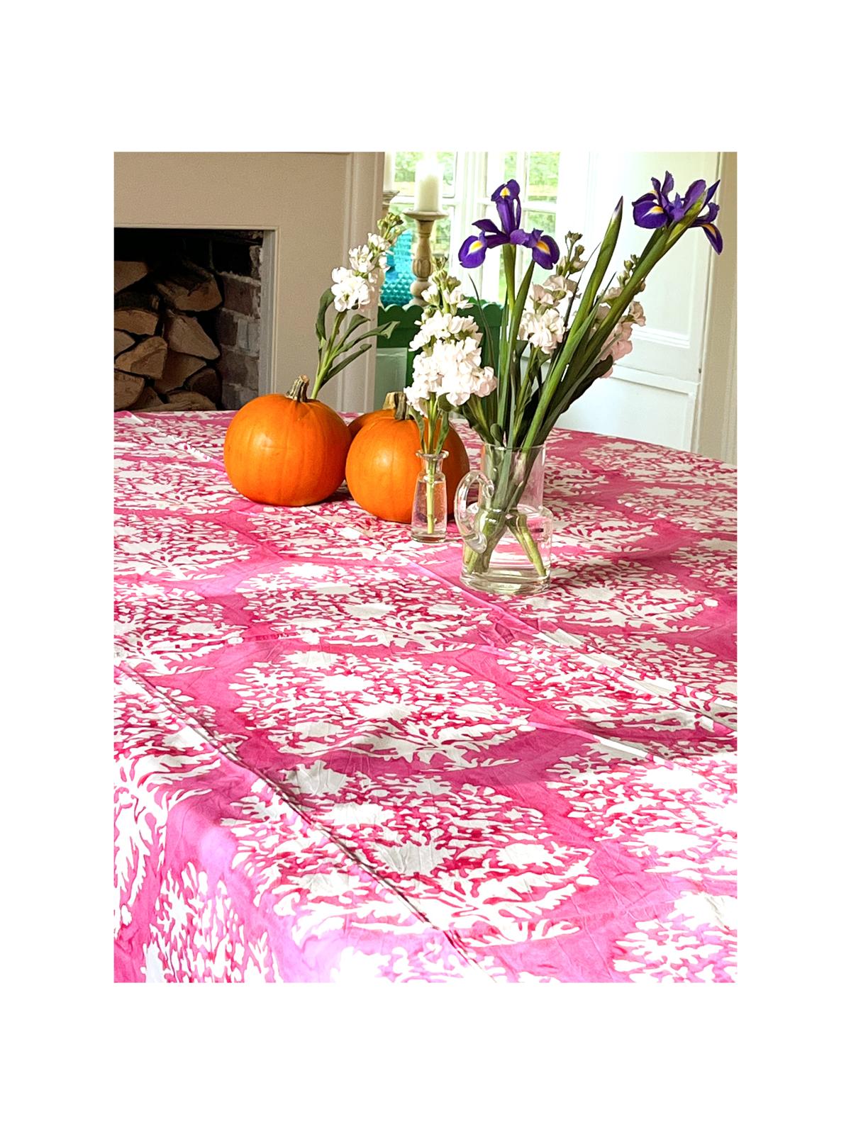 Hand block printed tablecloths tree of life, pink