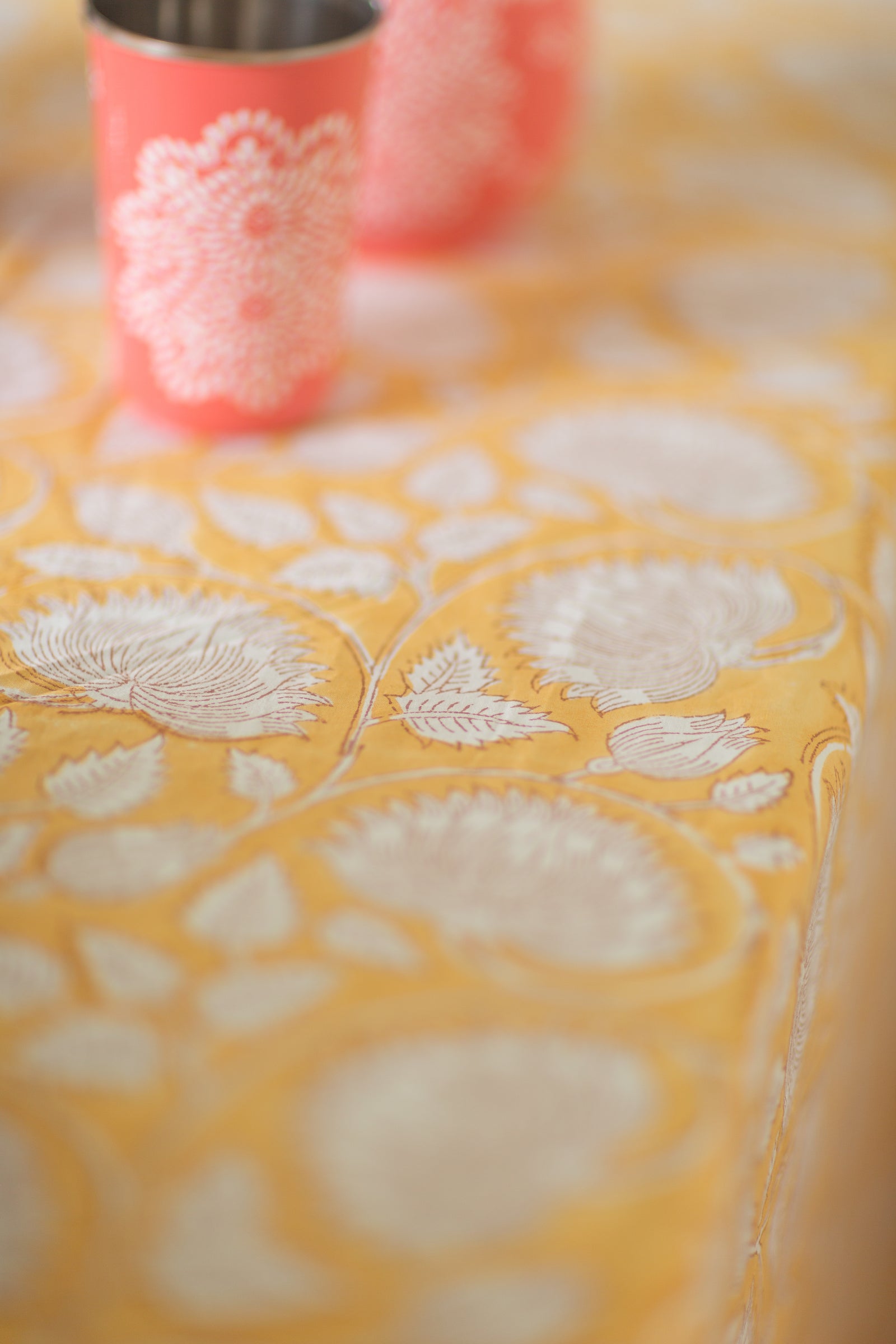 Block printed tablecloths, Lodhi, Honey Yellow Floral on Poplin