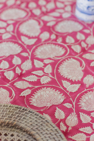 Block Printed Tablecloths, Lodhi Raspberry Pink Floral Poplin