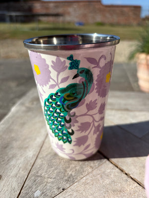 Hand painted peacock enamelware tumbler