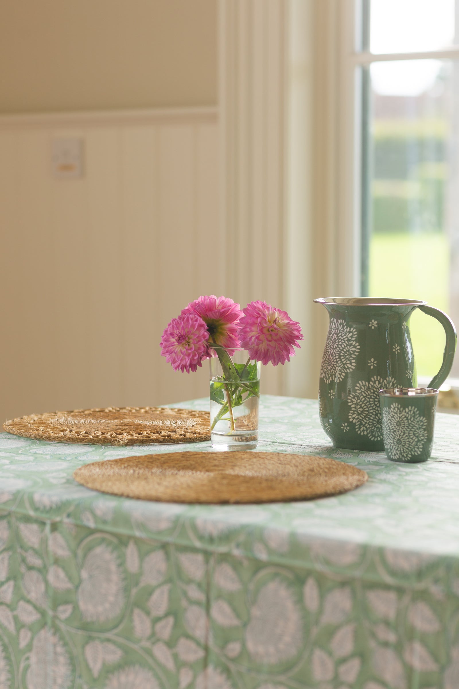 Block Printed tablecloths Lodhi, Sage Green Poplin Floral