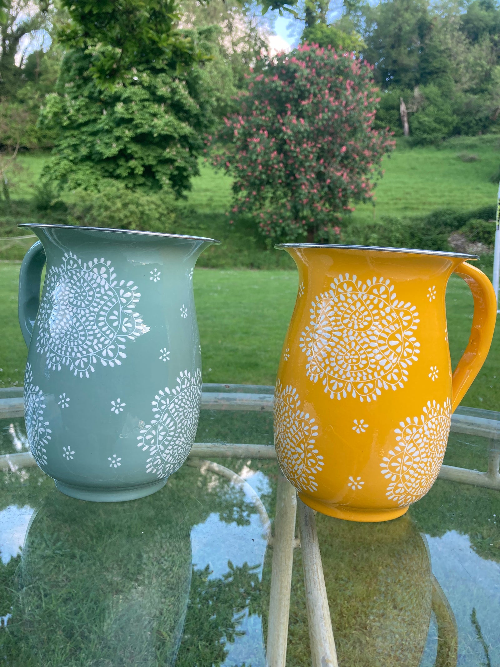 Hand painted enanelware jug multi smaller mandala