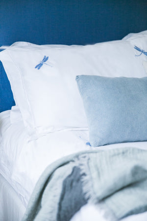 Blue Dragonfly Motif, Hand Embroidered Cotton Bed Linen Set
