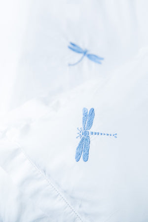 Blue Dragonfly Motif, Hand Embroidered Cotton Bed Linen Set