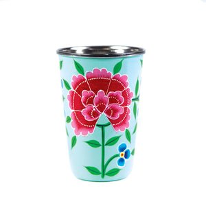 Hand Painted Turquoise Floral Enamelware Tumbler