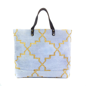 Pale Blue and Gold Dhurrie Tote Bag