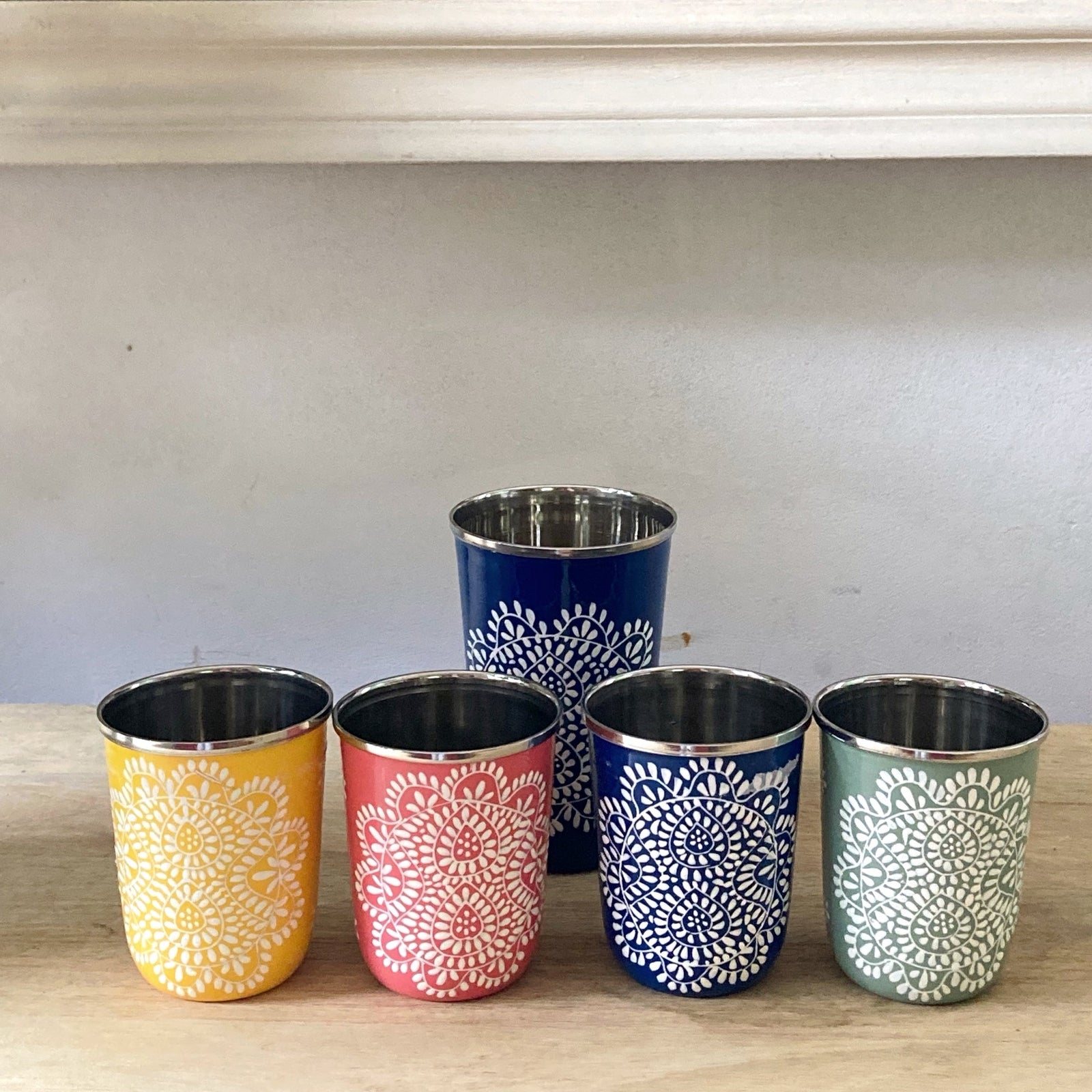 Hand painted enamelware tumbler Mandala design
