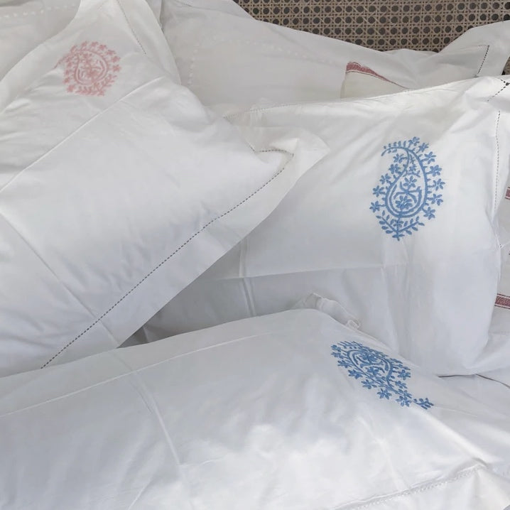 Hand embroidered bedlinen paisley design